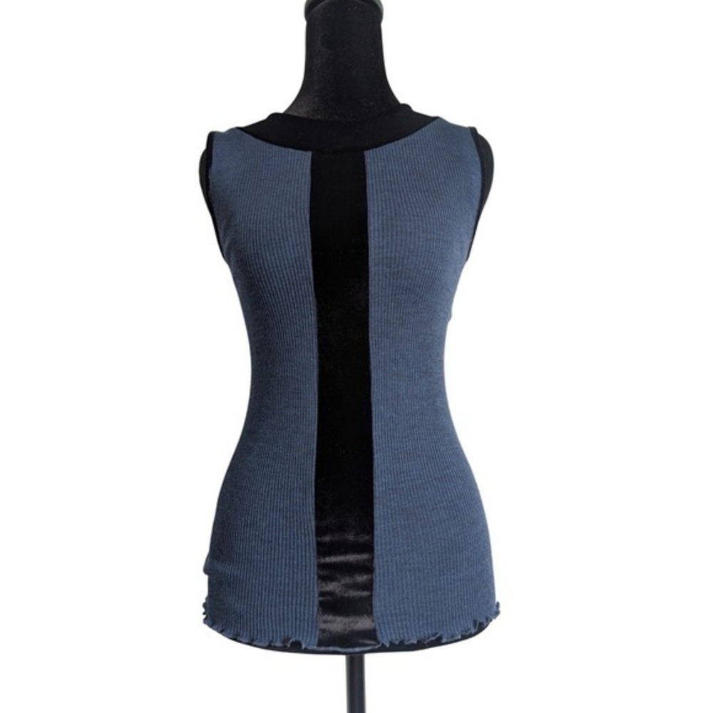 Vintage Y2K Italian Whimsy Cyber Punk Navy Blue Velvet Trim Silk Blend Tank Top